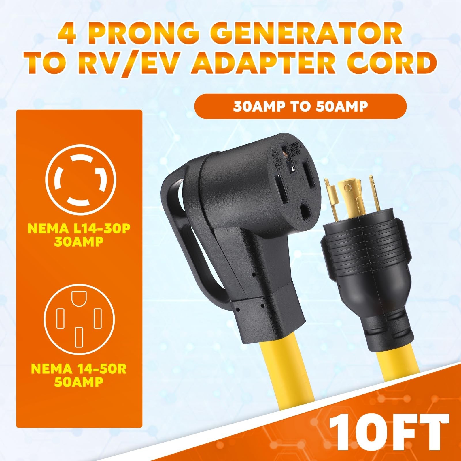 Tellegloww 10Ft Nema L14-30P To 14-50R Generator To Rv/Ev Adapter Cord 4 Prong