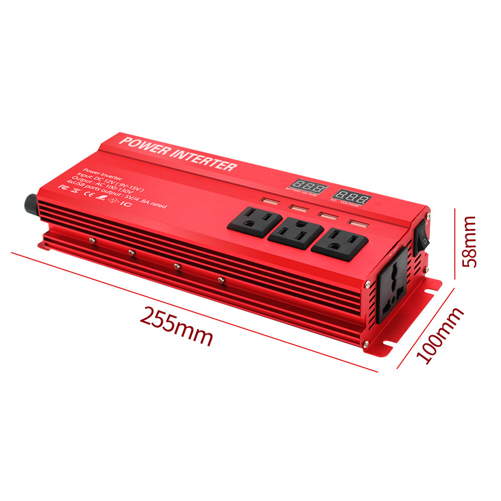1000W Power Inverter 12V DC to 110V AC Converter 2000W Peak 3 Outlets 4 USB Port