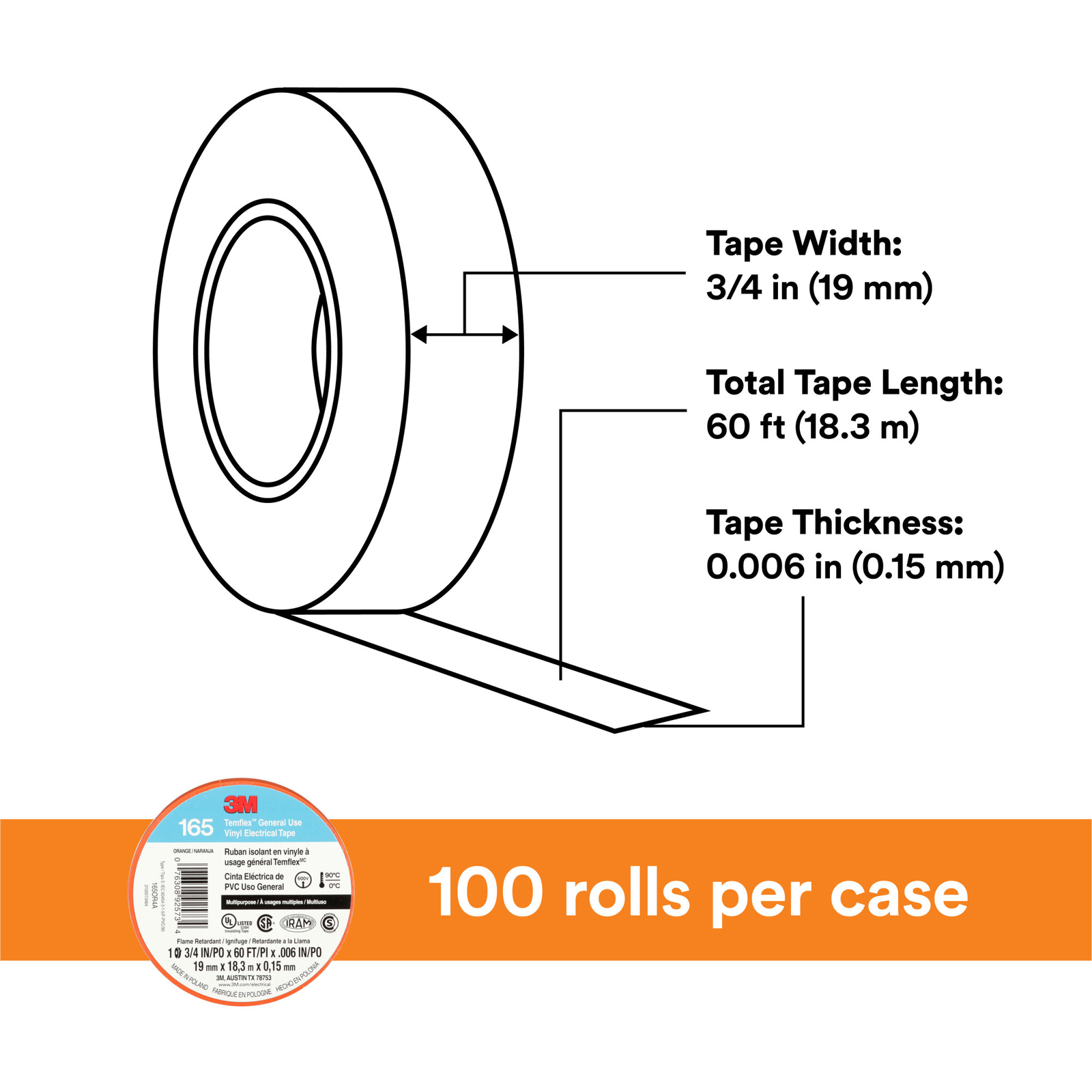 3M Temflex Vinyl Electrical Tape 165, Orange, 3/4 in x 60 ft (19 mm x 18 m)