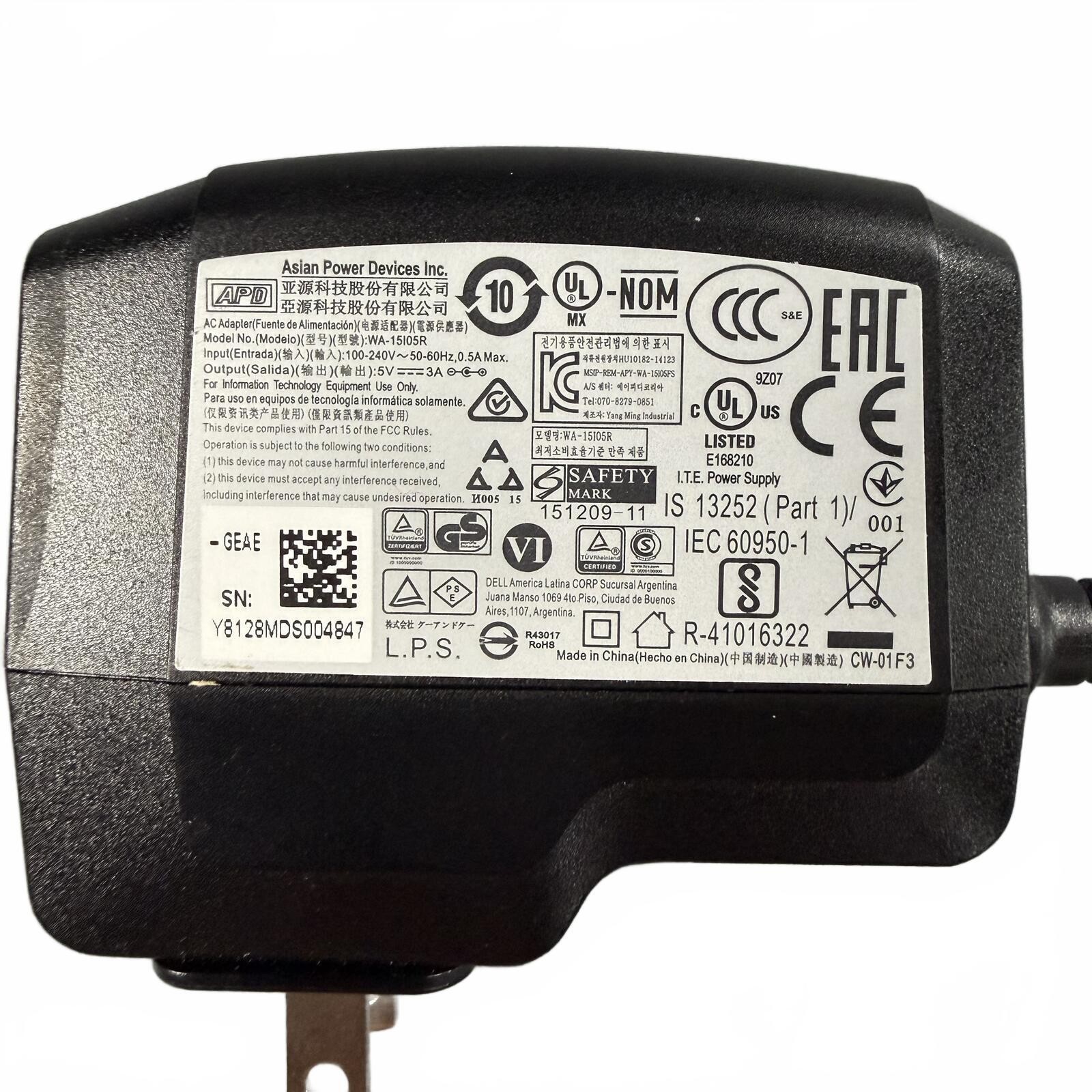 Genuine APD WA-15I05R AC Adapter Power Supply 5V 3A Asian Power Devices Charger
