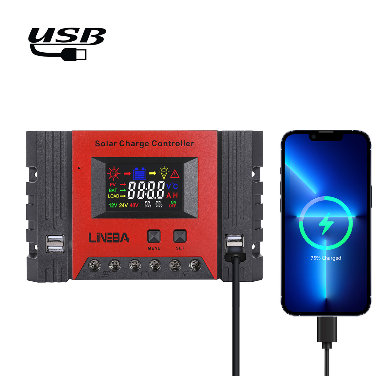 PWM 12V/24V/48V Solar Charge Controller with LCD Display LifePO4 Auto Regulator
