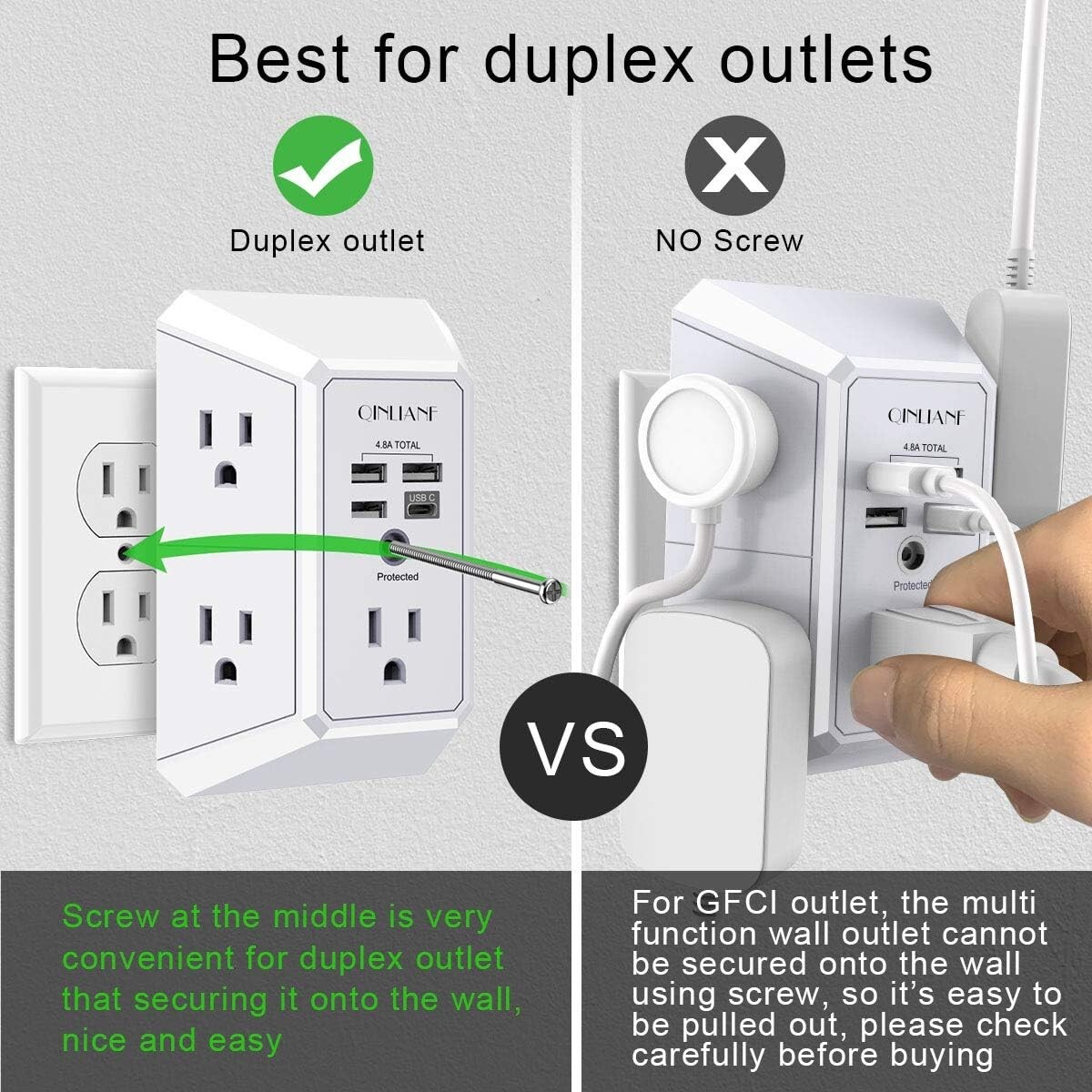 5 Outlet Extender Surge Protector Multi Plug Wall Adapter USB Charger Ports with