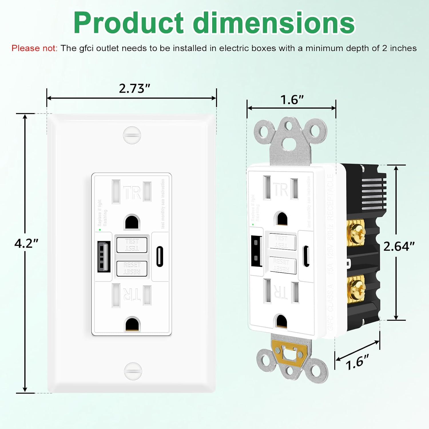 15 Amp GFCI Outlet with USB C & USB a Ports, 2PK Self Test GFCI Electrical Outle