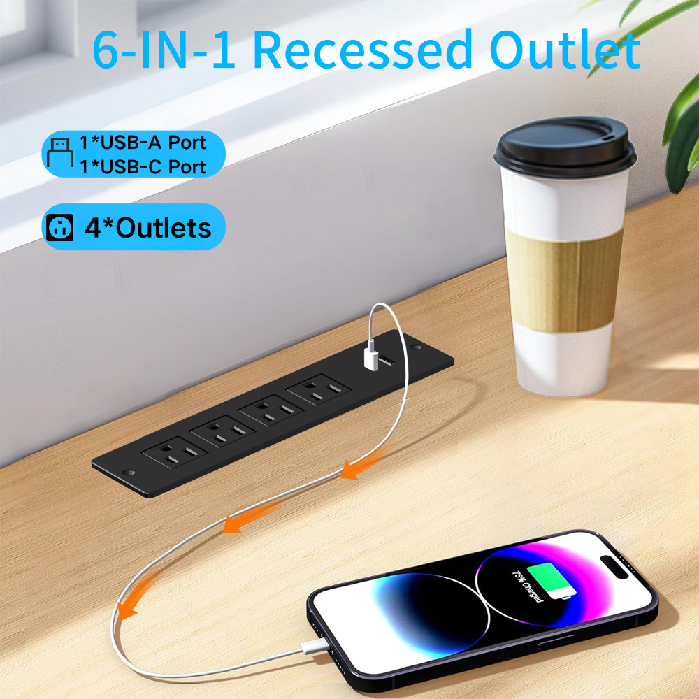 Flush Mount Power Strip with 4 AC Outlets & USB-A USB-C Ports for Indoor Desk