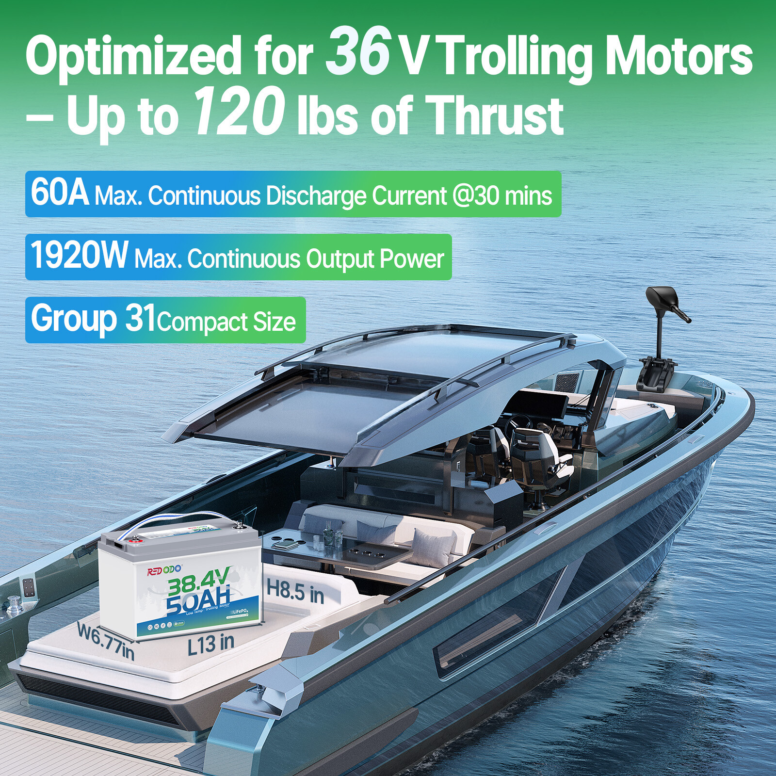 Redodo 36V 50Ah LiFePO4 Battery for 100-120lbs Trolling Motor, Marine