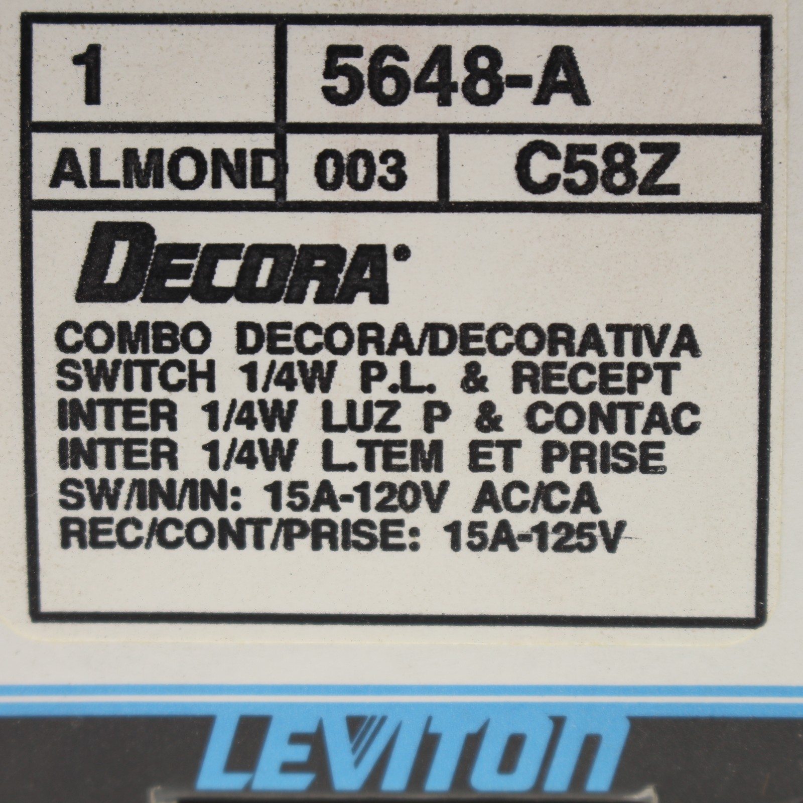 Leviton 5648-A Almond Decora Pilot Light Switch Rocker w/ 15A Receptacle Outlet