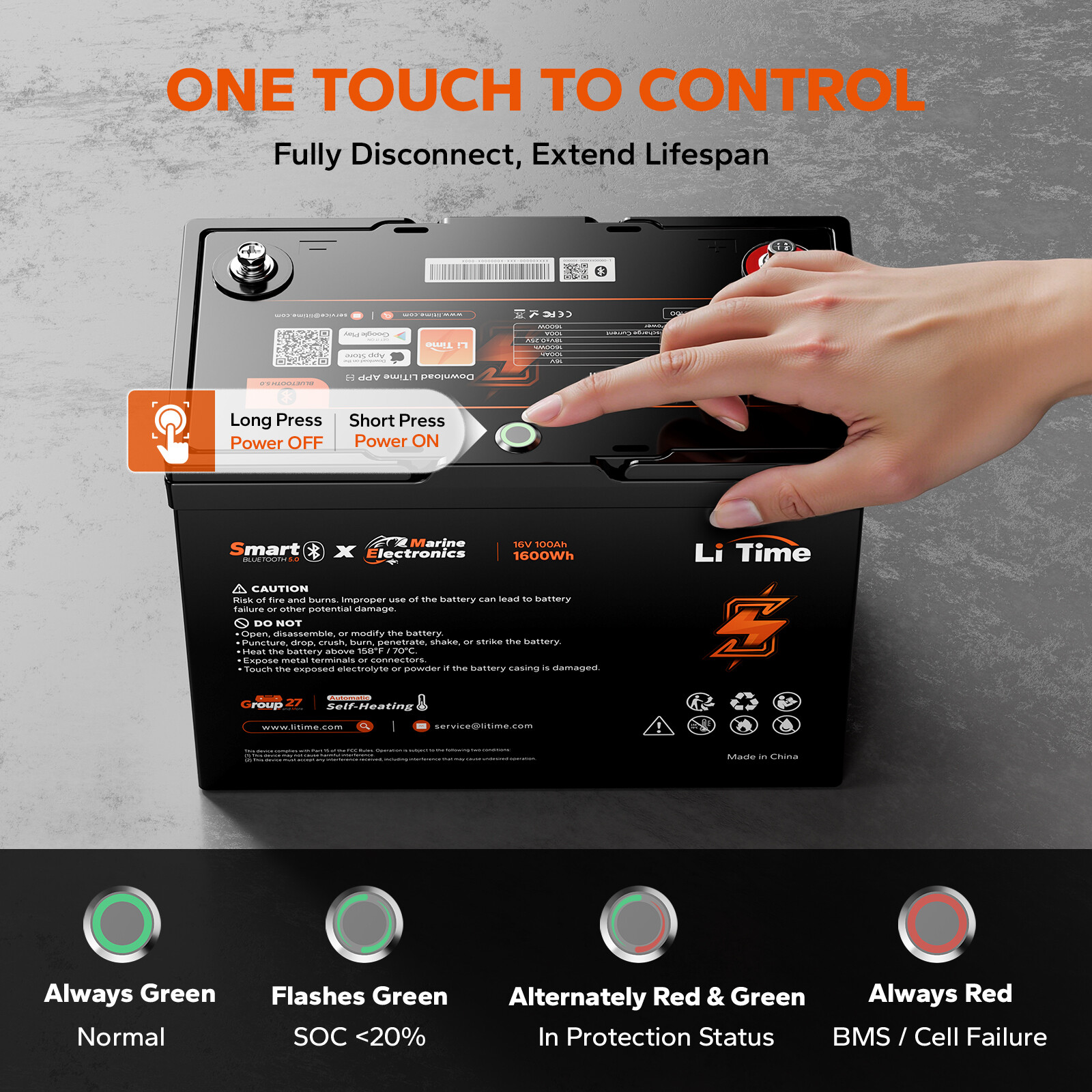 LiTime 16V 30Ah/70Ah/100Ah Bluetooth Lithium Battery Born For Fish Finder Marine