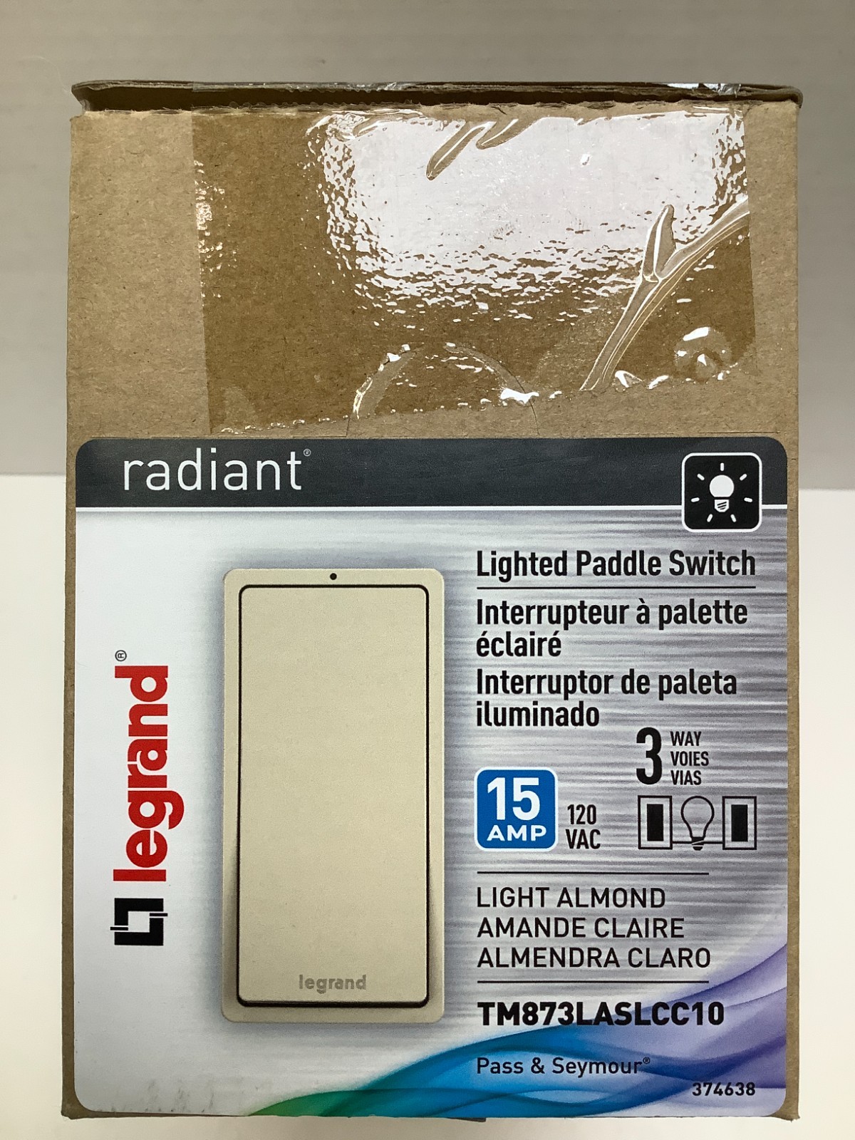 Legrand 15A 3 Way Paddle Wall Switch w/LED Locator, Light Almond, Case of 10
