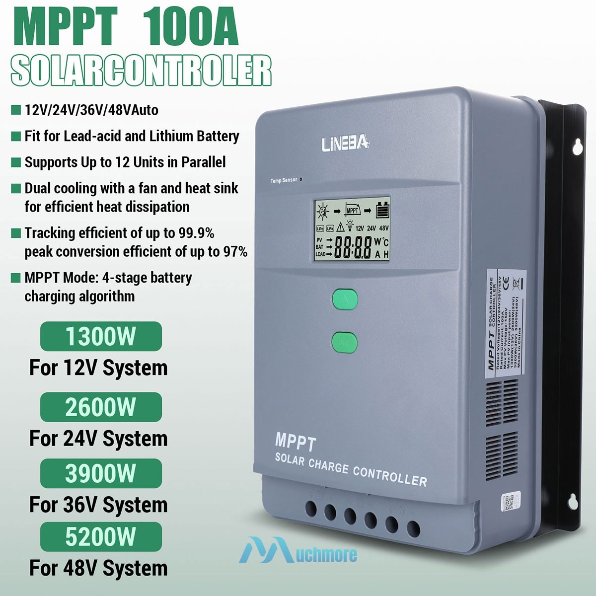 5200W 100A MPPT Solar Charge Controller 12V/24V/36V/48V Battery PV Regulator LCD
