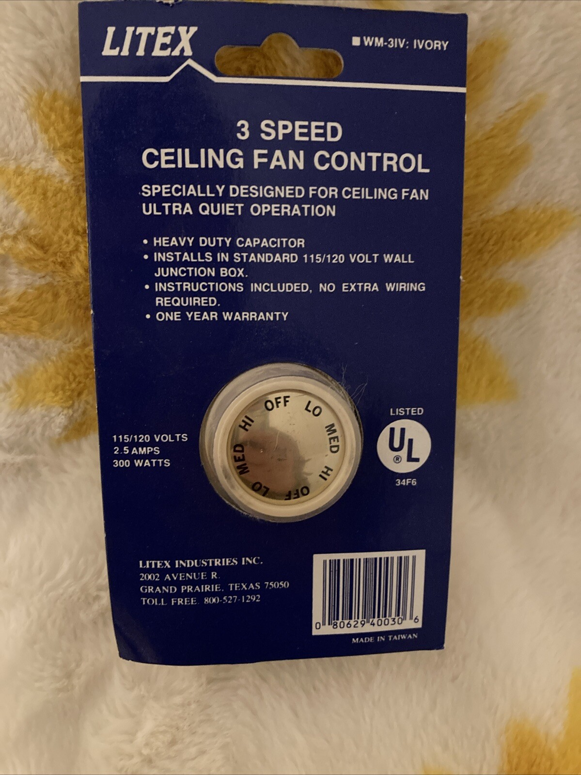 Ivory 3-Speed Ceiling Fan Control Ultra Quiet Operation 115/120Volts 2.5 Amps