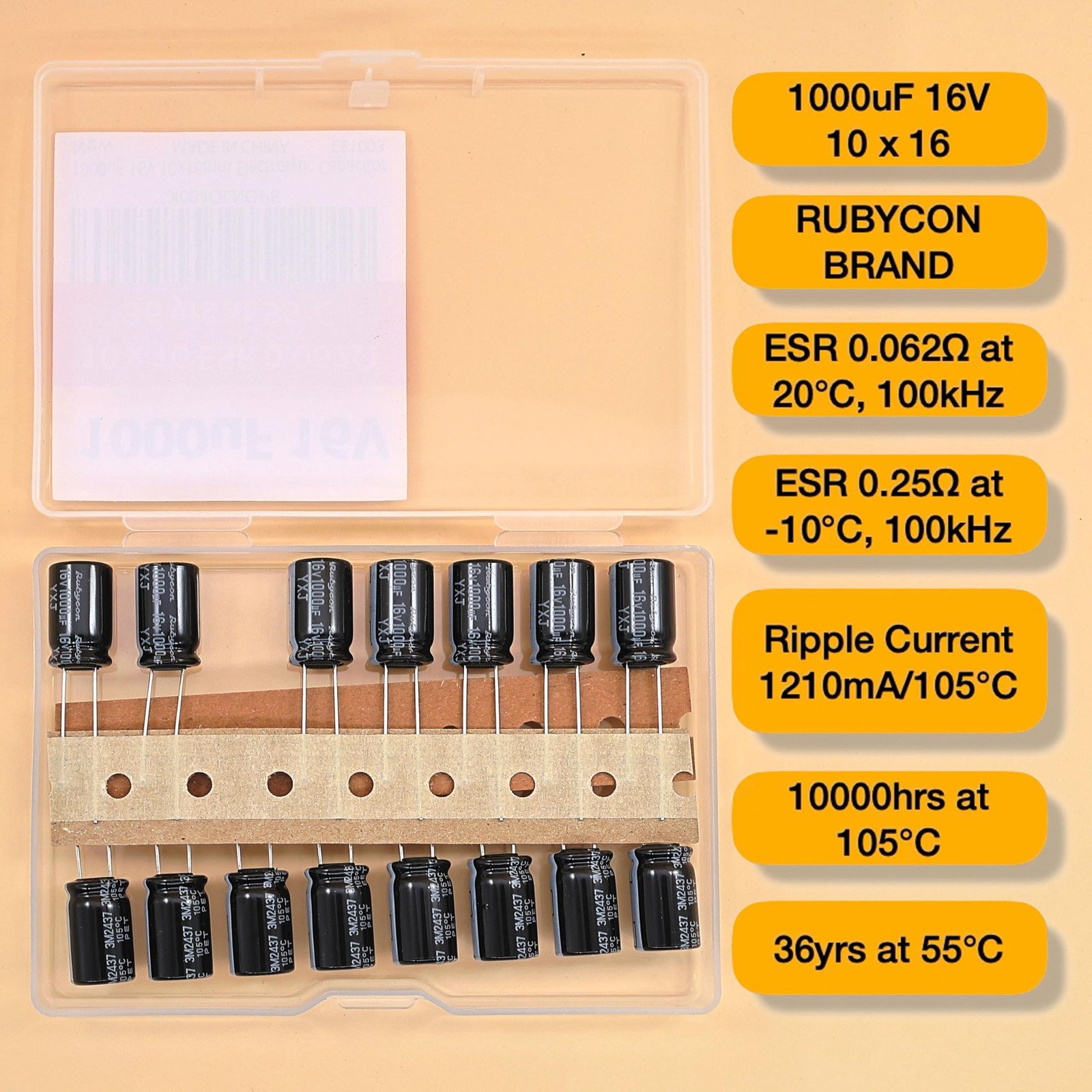 1000uF 16V 10x16mm Rubycon Electrolytic Capacitor Low ESR 0.062Ω Long Life