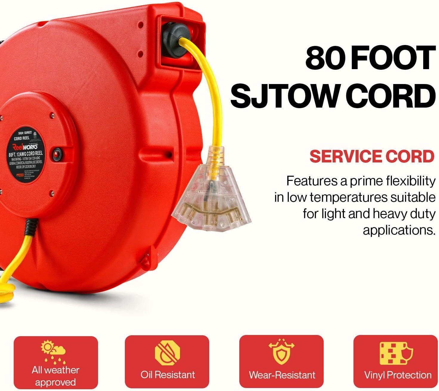 Extension Cord Reel Retractable Longest Industrial 12Awg X 80′ Foot Commercial P