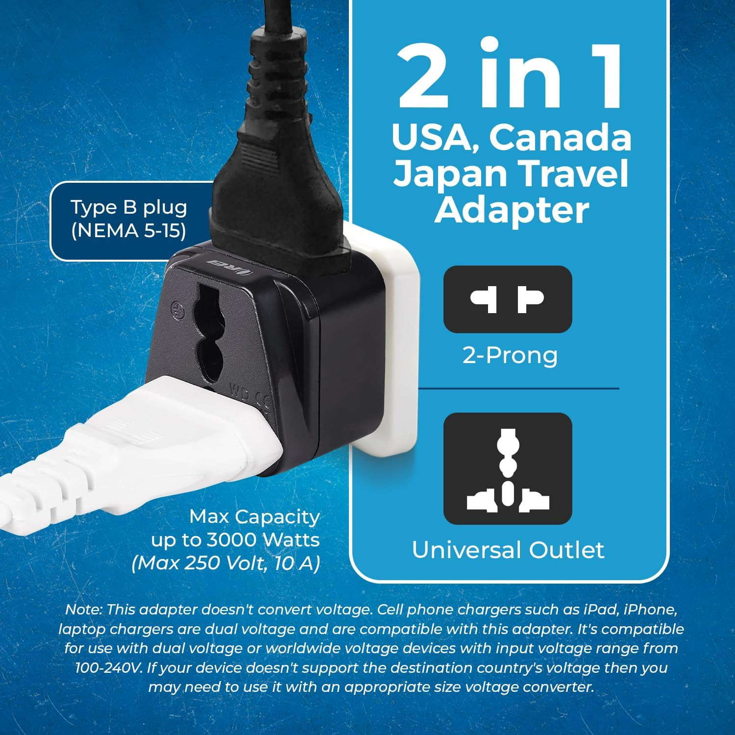 USA, Canada Adapter Plug, Europe, UK, China to US American Adaptor – Grounded –