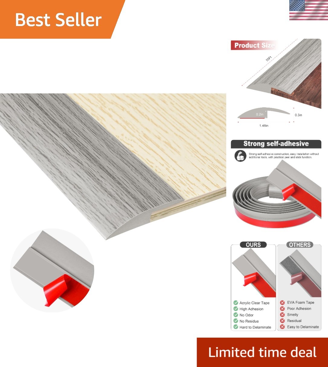 Self-Adhesive Floor Transition Strip – 10Ft Gray Forest for Safe Home Edges