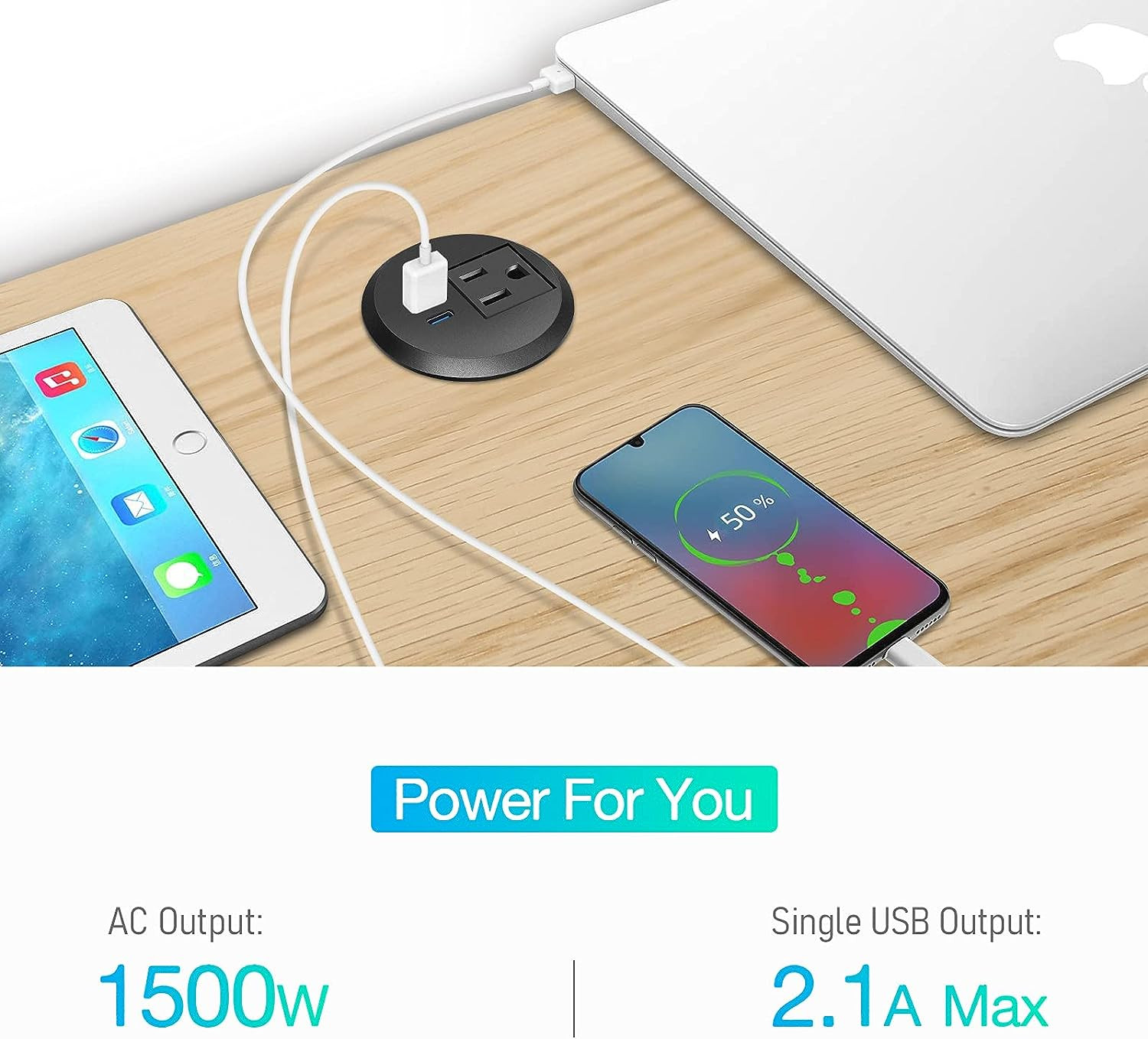 2 Inch Desk Power Grommet Outlet, Recessed Power Outlet with 20W USB-C Fast Char