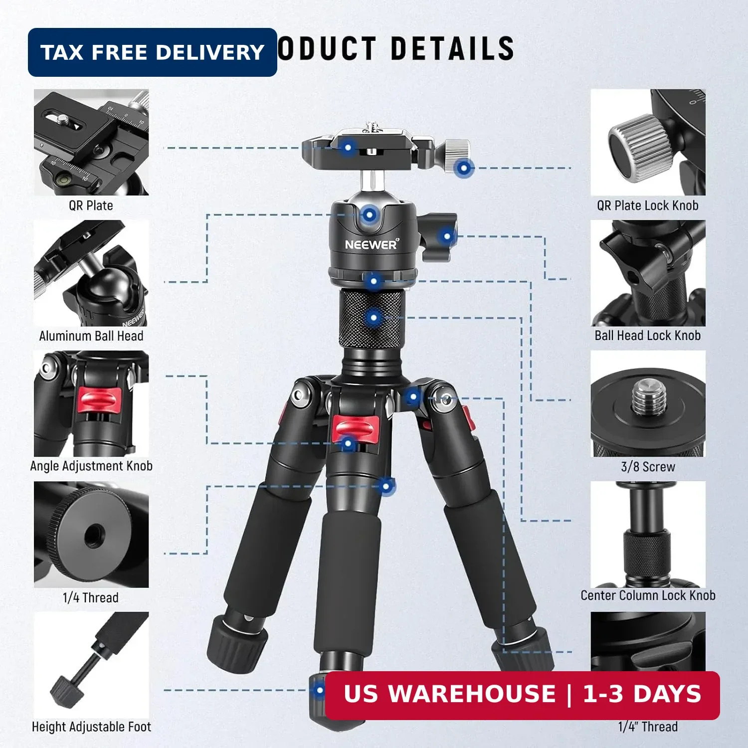 NEEWER Portable Travel Mini Tabletop Tripod, Aluminum Alloy 20”/ 50cm Desktop D