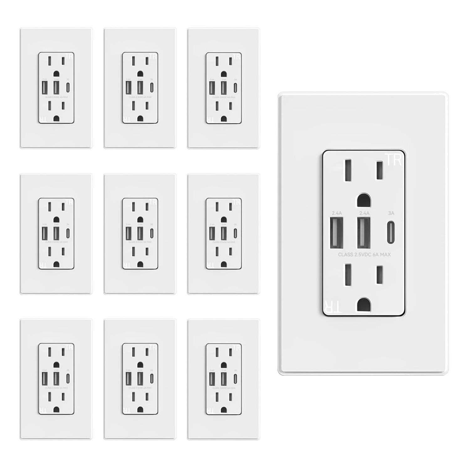 Matte White USB Wall Outlets, 3-Port Charger, Listed (10)