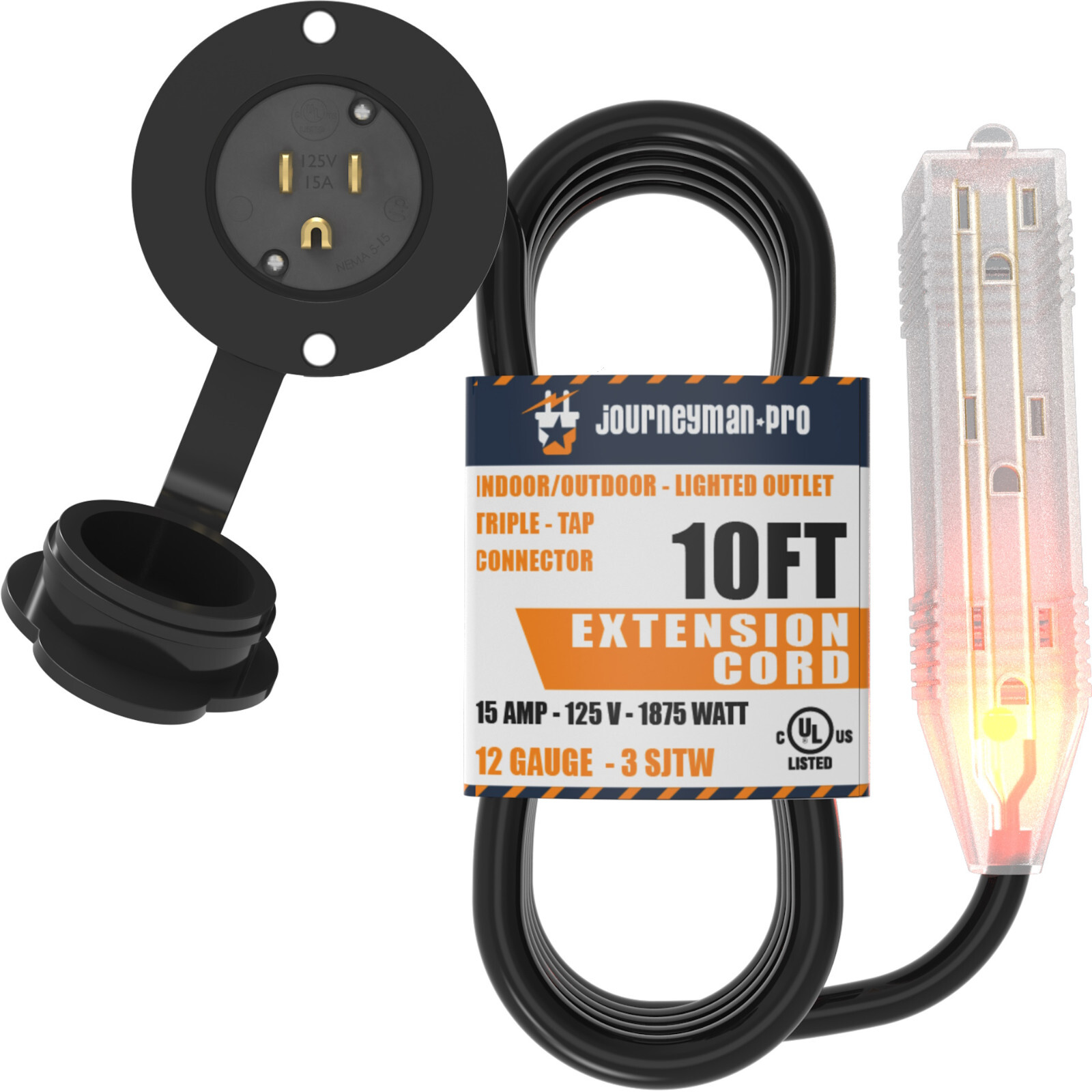 10 Foot 3-way multi outlet 15A Flanged Inlet Port Extension Cord Plug Black GCP1