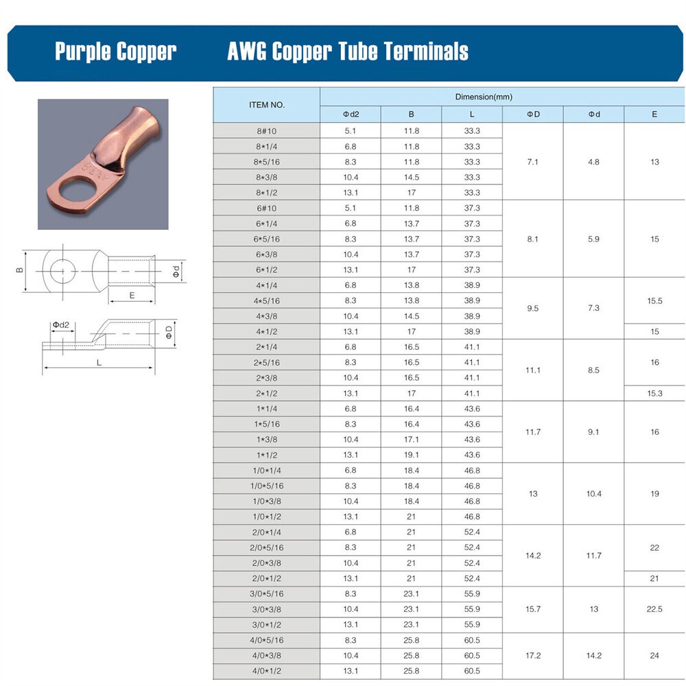Copper Ends Ring Terminals Battery Welding 8-4/0 AWG Cable Wire Lugs Connectors