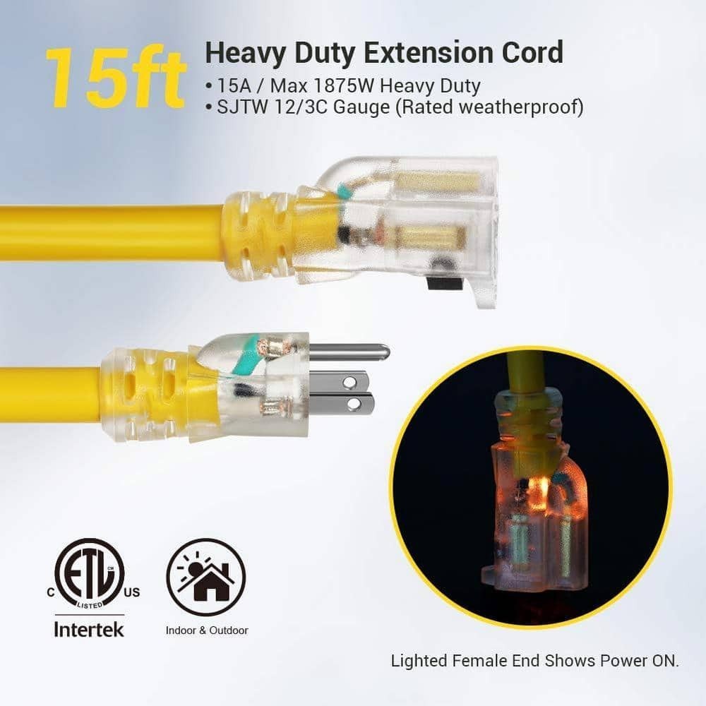 15 Ft. 12/3 Gauge SJTW Indoor/Outdoor Extension Cord with Lock, Yellow, ETL List