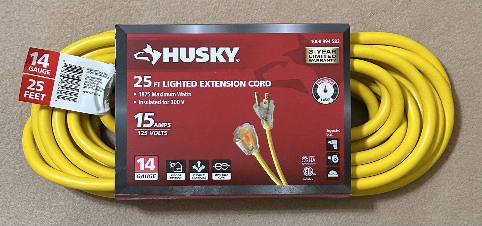 Husky 25’ Lighted Extension Cord 15 Amps 14 Gauge