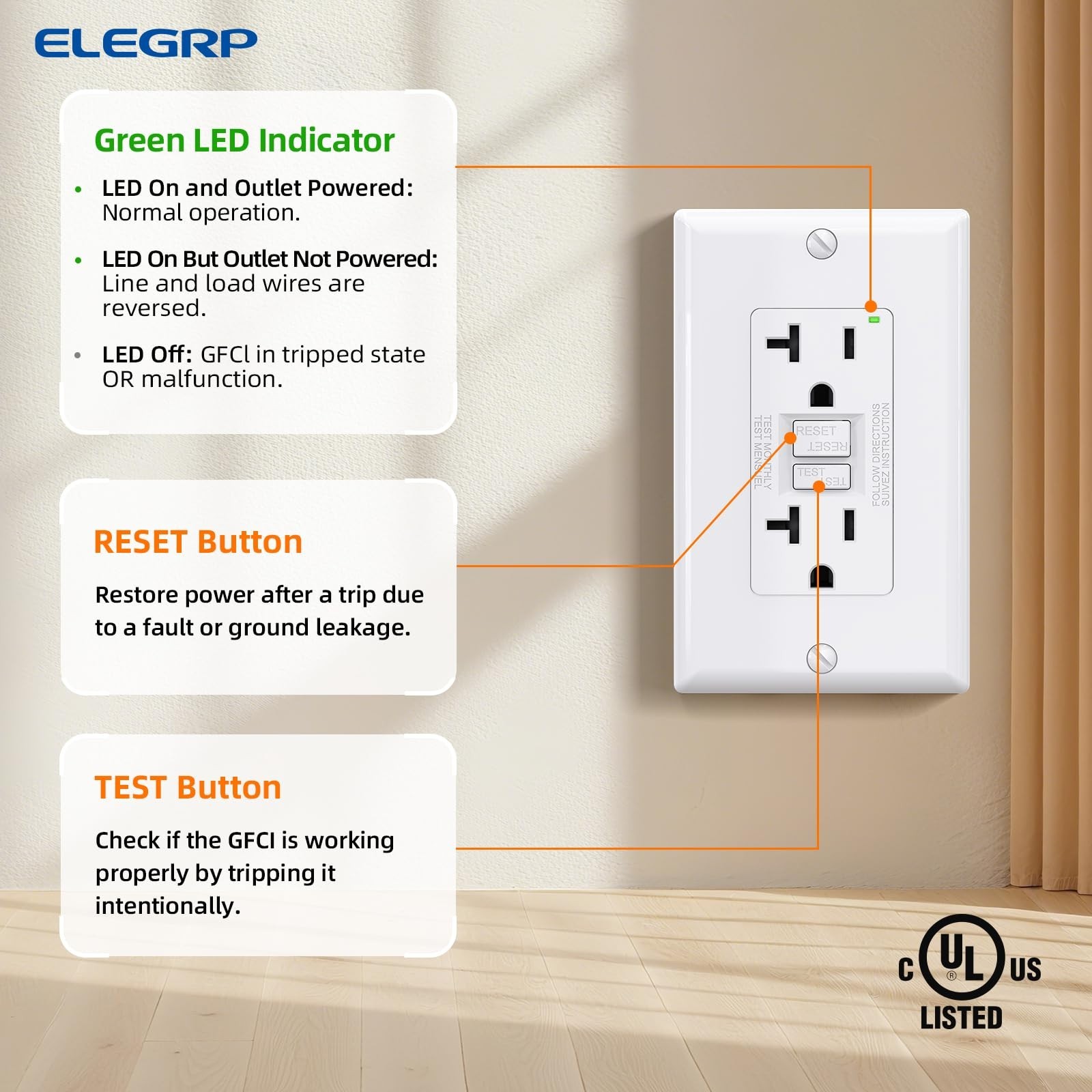 20 Amp GFCI Outlet, Self-Test Electrical Receptacle, LED Indicator, Narrow Desig