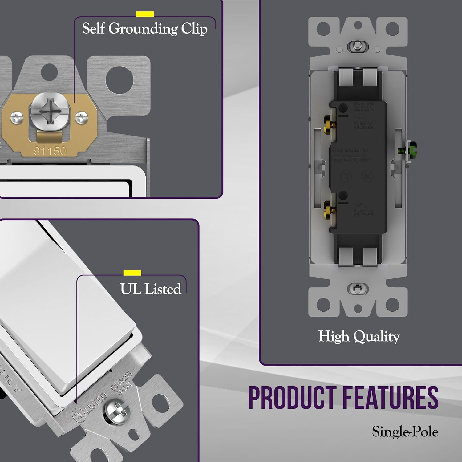 Decorator On/Off Paddle Switch with Wall Plates, Single Pole, 3 Wire, Grounding