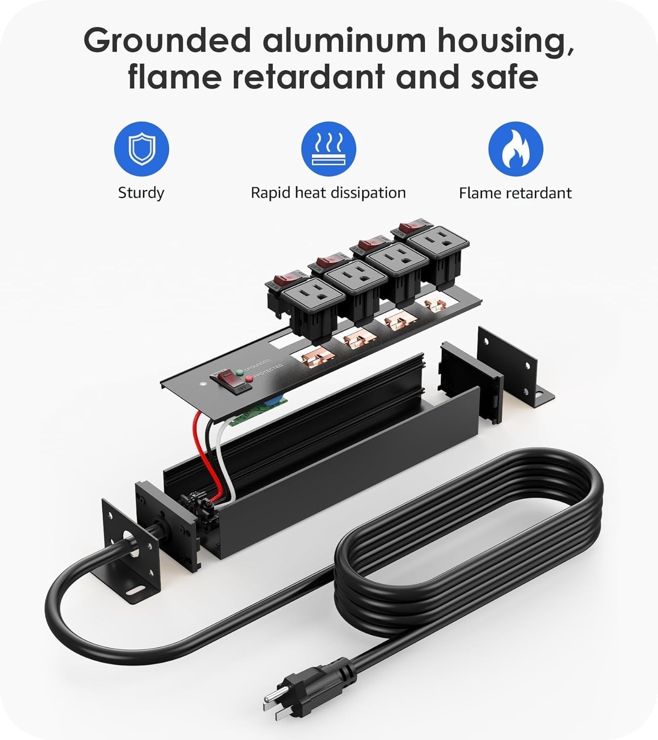 Industrial Grade Power Strip with 20A Switches & 4800J Surge Protection, Black