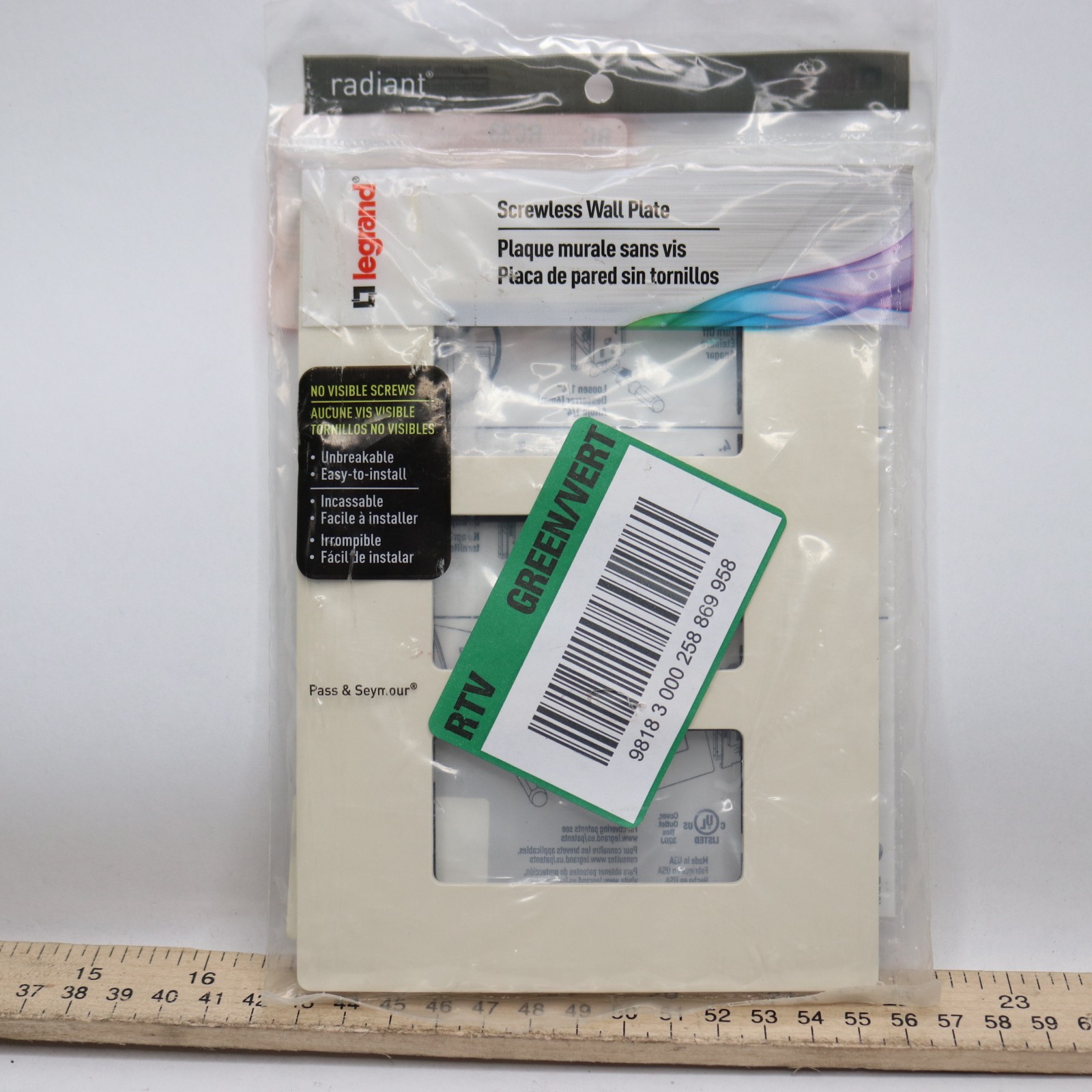 Legrand Screwless Wall Plates Light Almond 3-Decorator Rocker 3-Gang RWP263LACC6