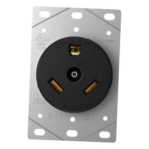 30 Amp 125 Volts 3 Prong Grounded Flush Mount Power RV NEMA TT-30R Black Outlet