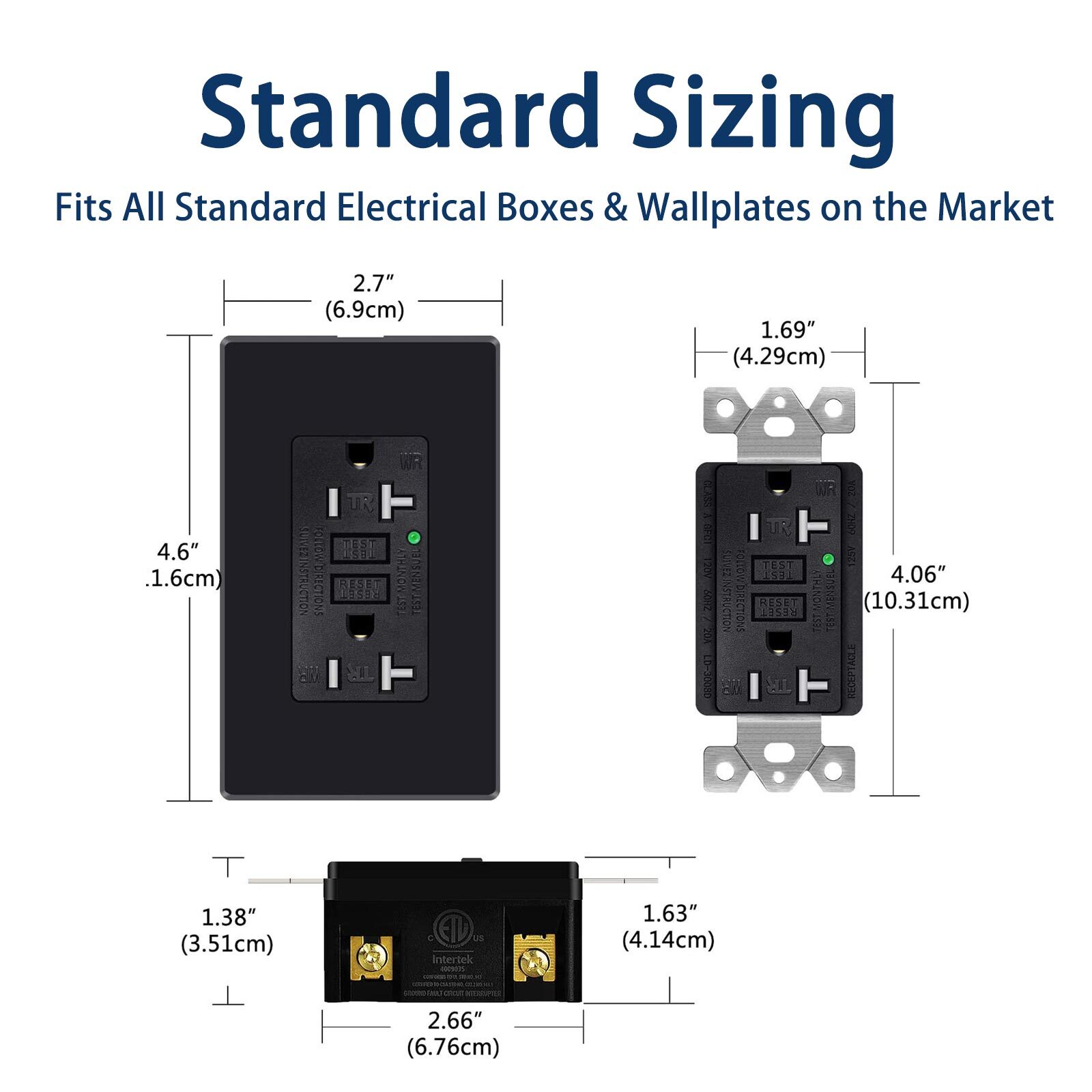 20AMP GFCI Outlet Wall Receptacle Tamper Resistant – ETL Listed, Black GFI TR WR