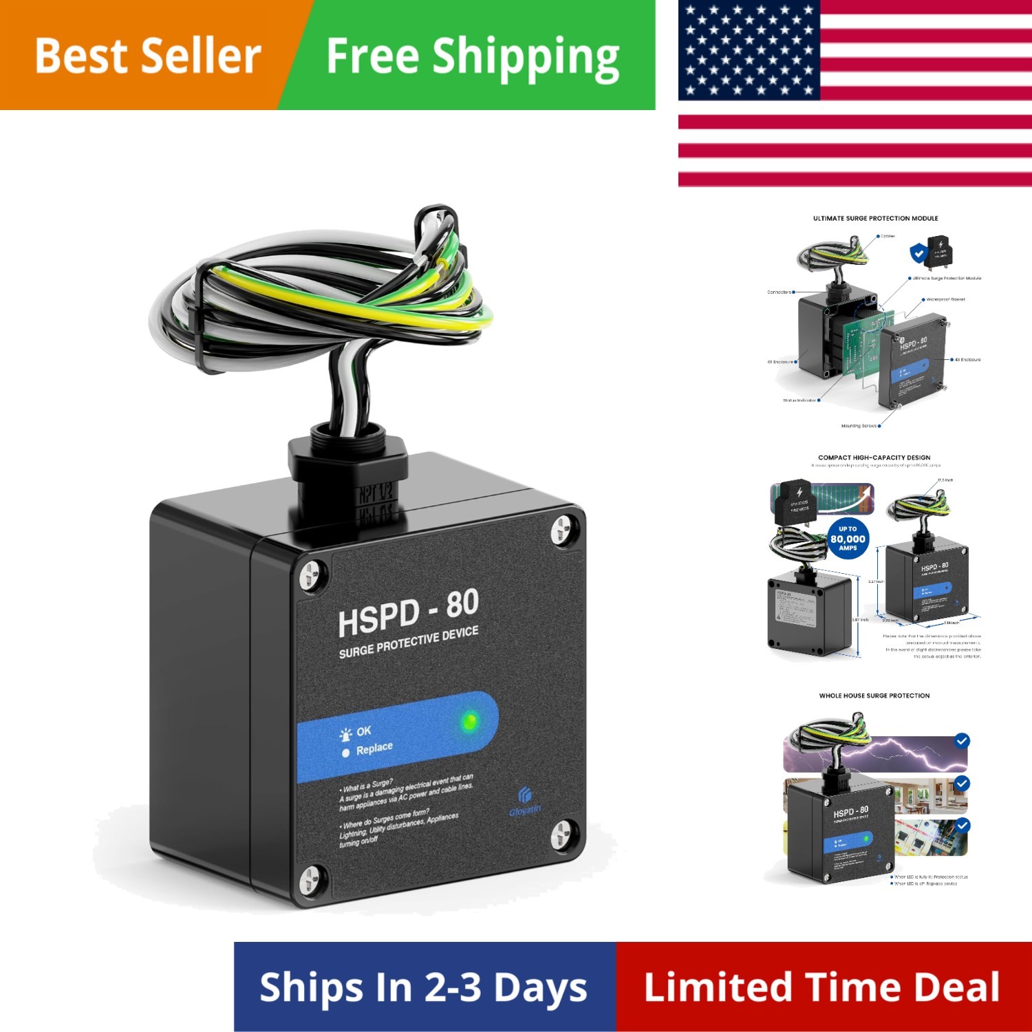 Square Whole Home Surge Protective Device, Type 1 SPD, Whole House Surge Prot…