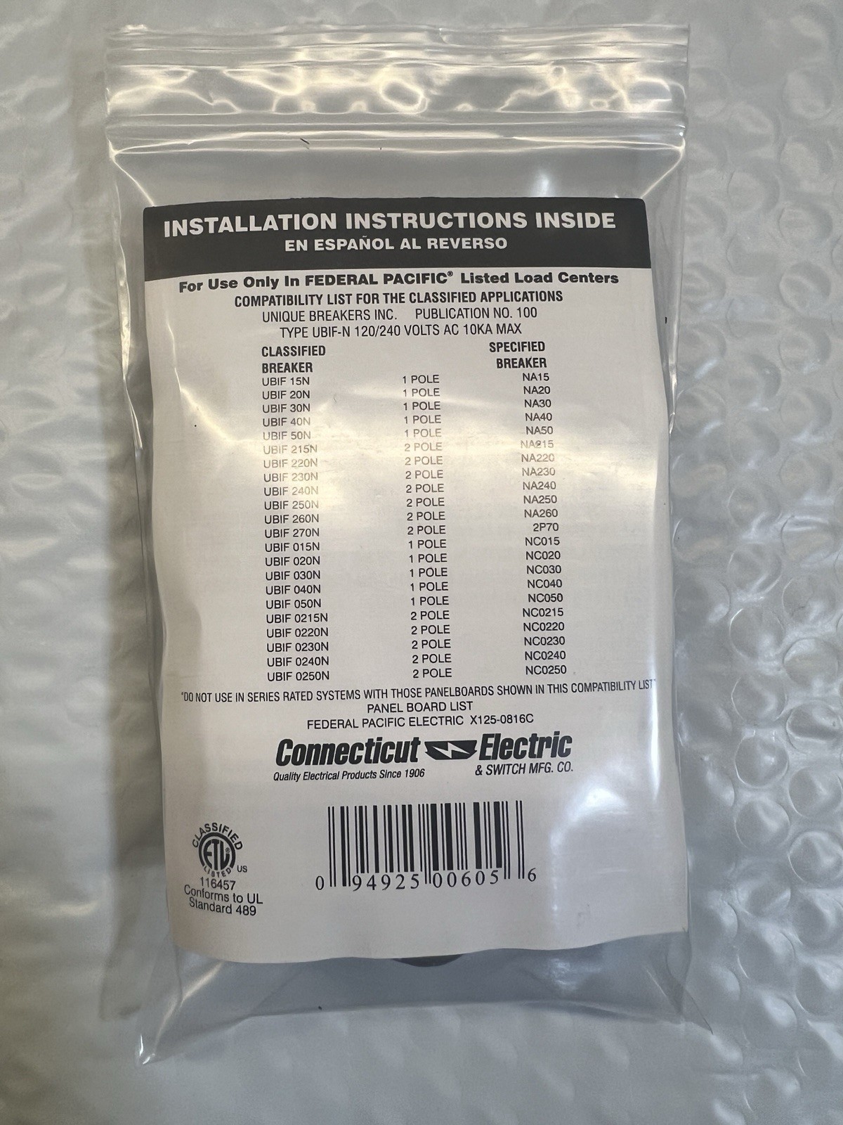 Connecticut Electric UBIF-0240N UBI Type F 40A 2-Pole 120/240VAC Thin