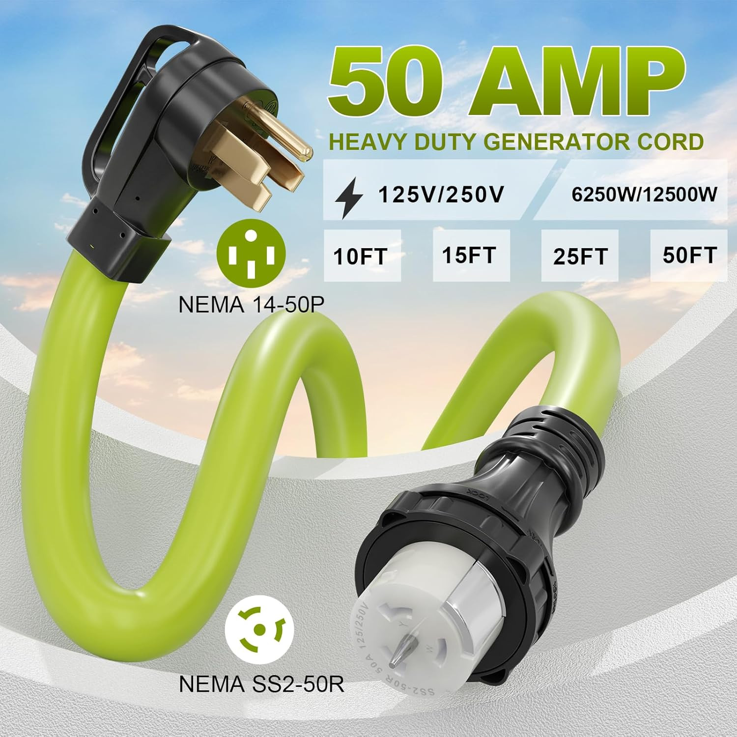 50 Amp Generator Cord, 50 Feet 50A RV Extension Cord with Twist Locking Connecto