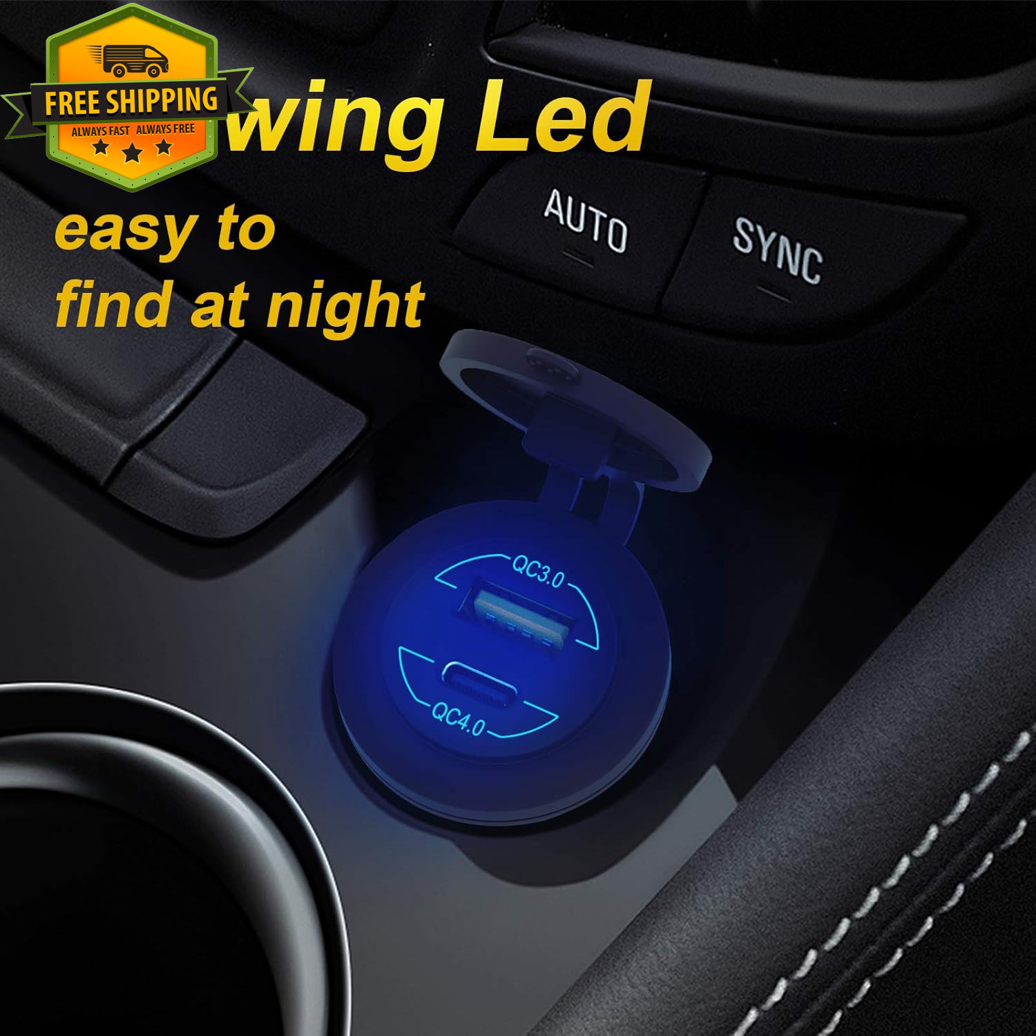 12V USB C Car Charger Socket QC4.0 PD3.0 90W Waterproof LED Outlet