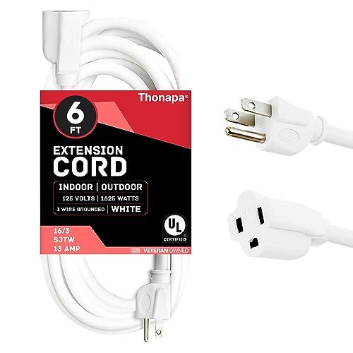 6 Ft White Extension Cord – 16/3 Durable Outdoor Electrical Cable