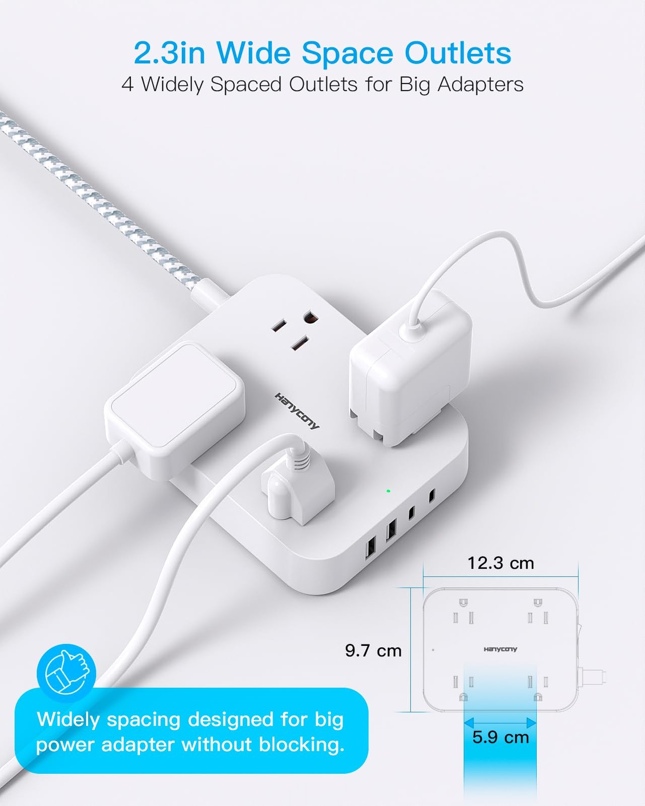 Flat Plug Extension Cord, HANYCONY 5ft Power Strip with 4 USB Ports2 USB C, 4…