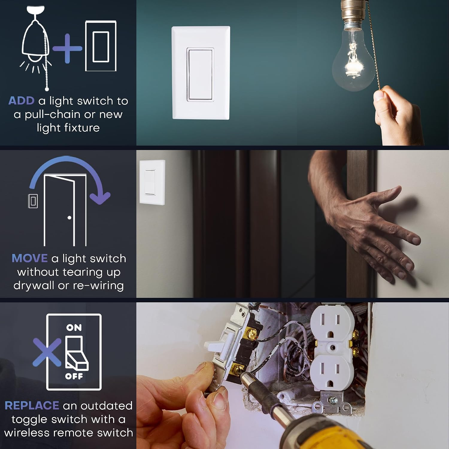 3-Way Battery-Free DIY Wireless Light Switch Kit 150Ft RF Range Self-Powered by