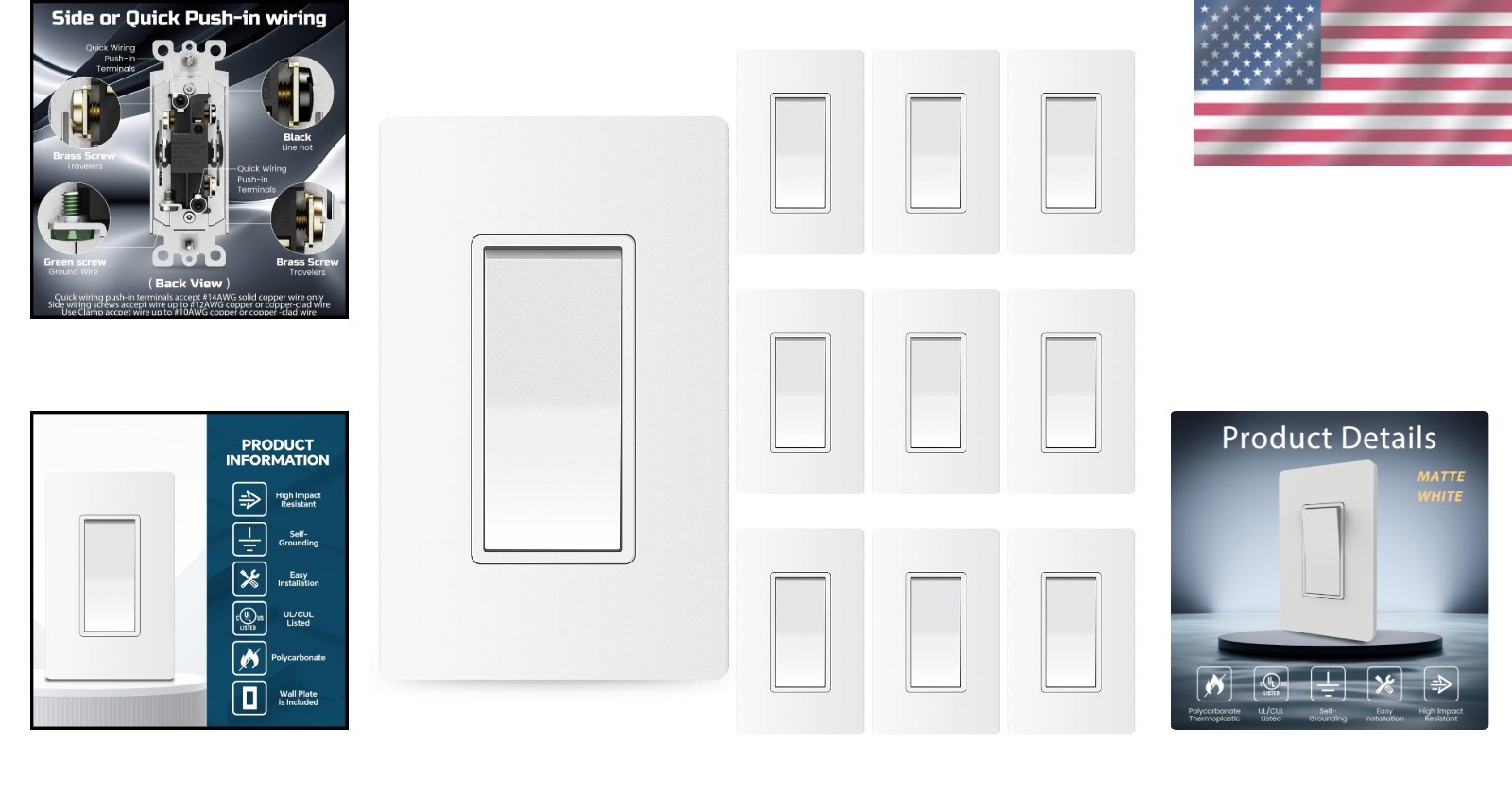 Matte White 3-Way Switch Set, 15A 120/277V, Durable & Easy to Install, 10 Pack