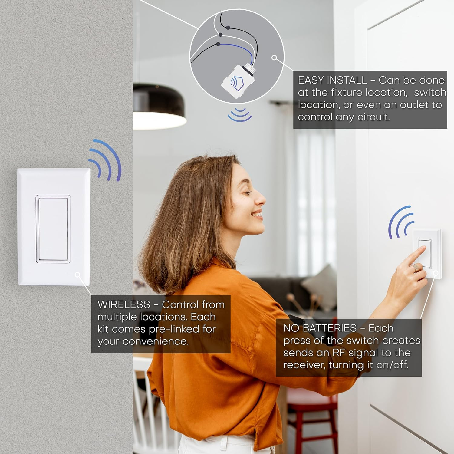 3-Way Battery-Free DIY Wireless Light Switch Kit 150Ft RF Range Self-Powered by