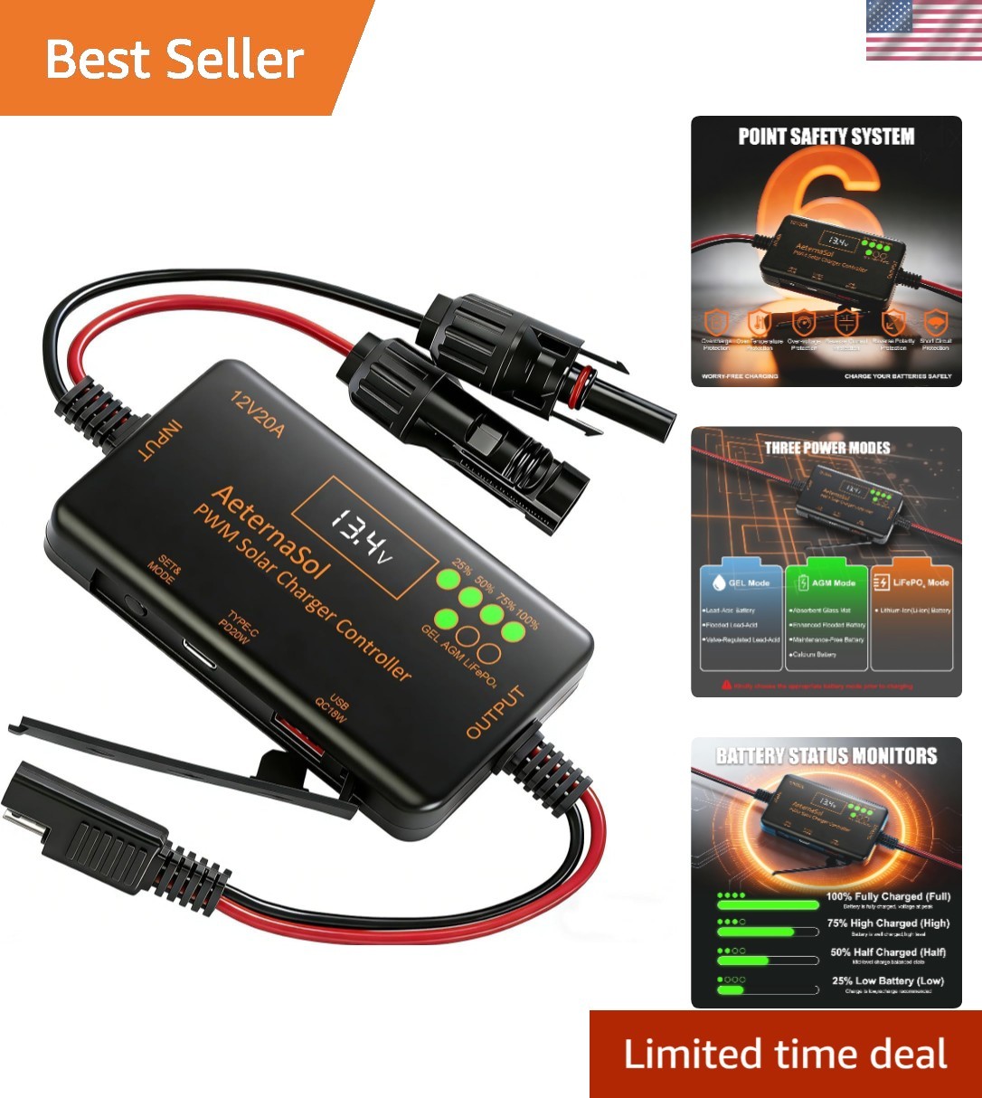 Compact PWM Solar Charge Controller 12V 20A with Type-C Output for Off-Grid