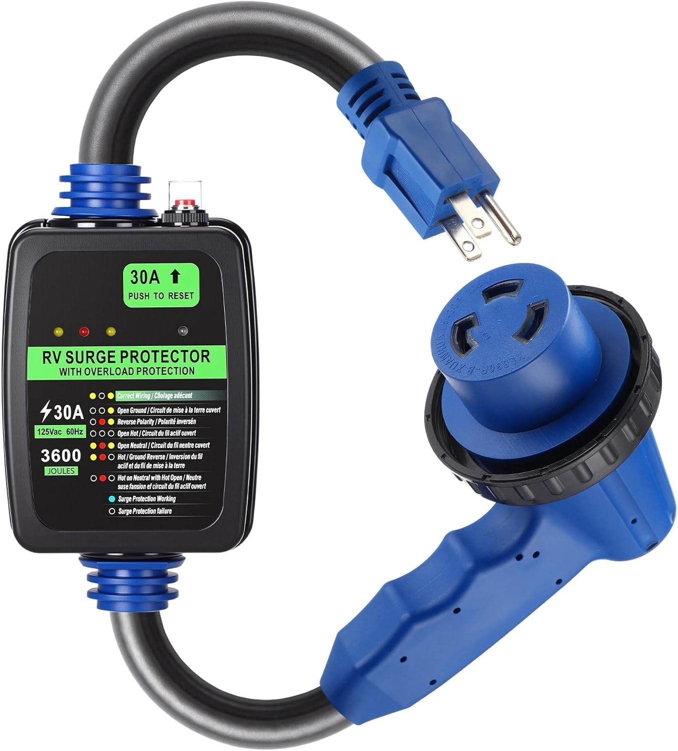 Surge Protector 15 Amp to 30 Amp RV Adapter Cord with Overload Protection ETL Li