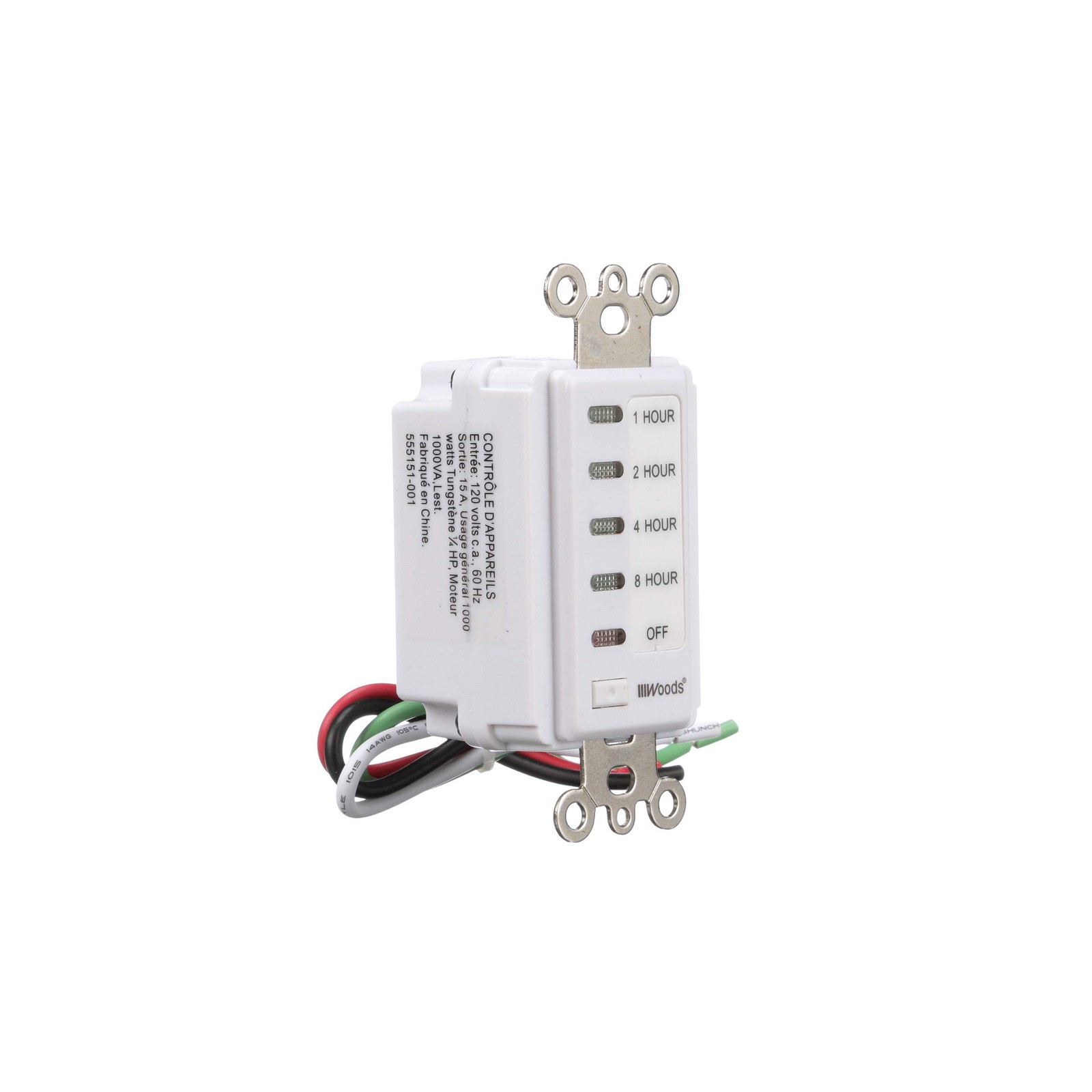 Woods 59013 in-Wall Timer; 120 V; 15 A; 2; 4; 8; 12 Hr Off; 8-Hour, White