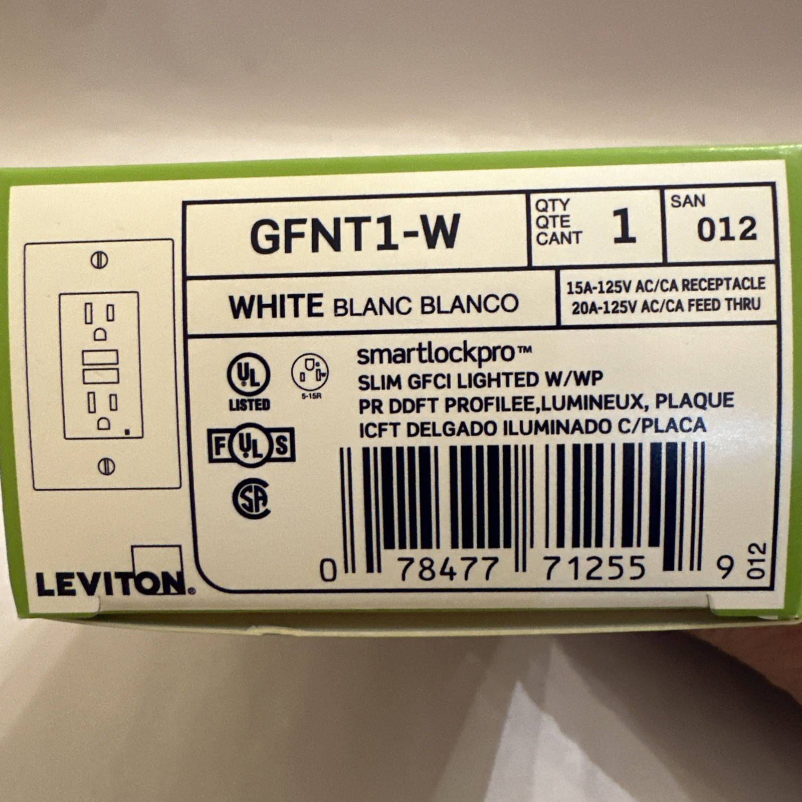 Leviton GFNT1-W SmartlockPro Self-Test Slim GFCI Receptacle Outlet White 15A