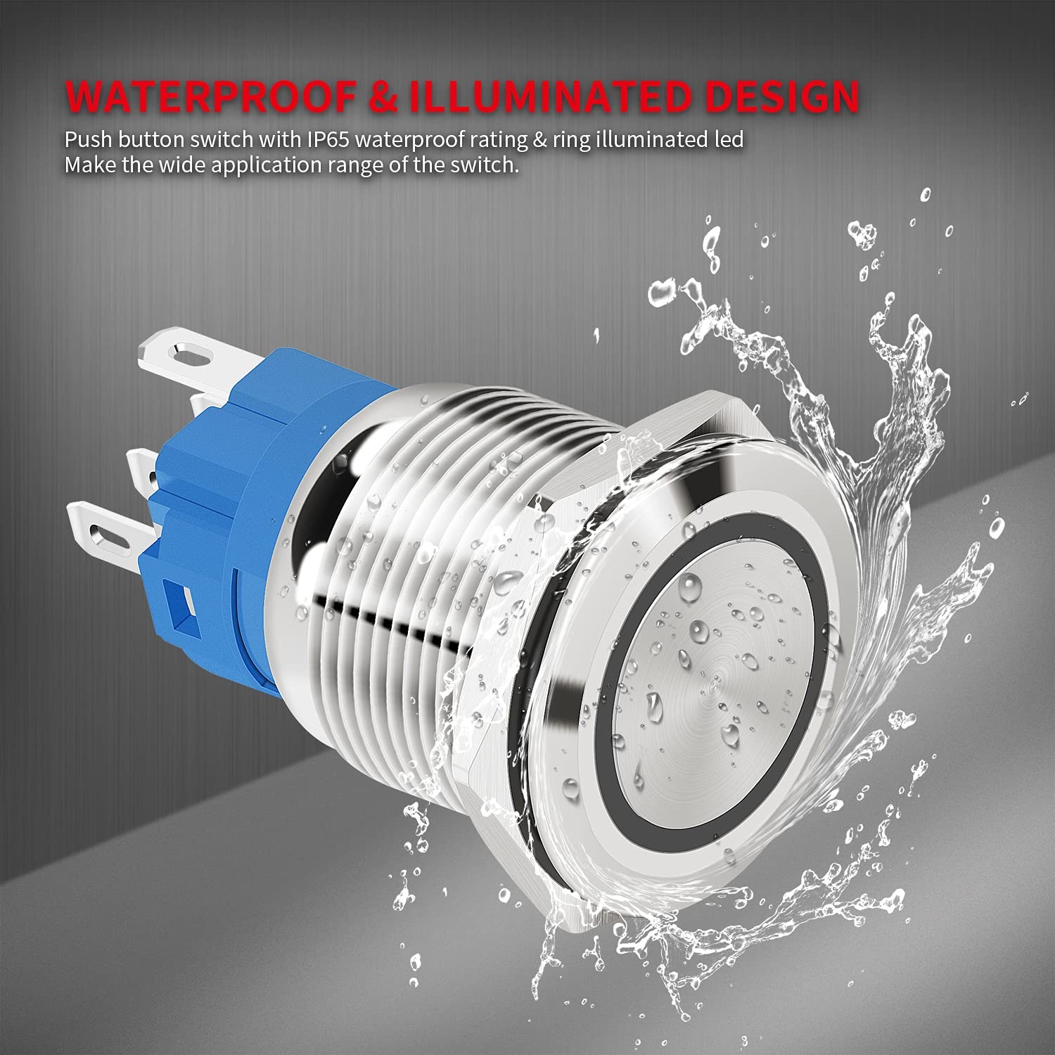 12V Latching Push Button Switch Marine Waterproof Round Blue LED Pushbutton