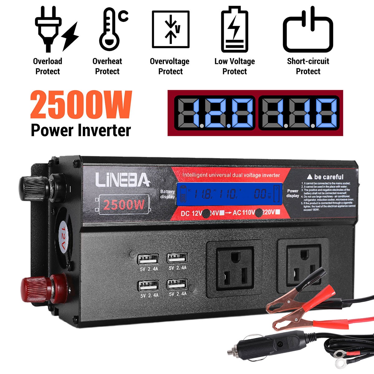 1500W 2500W 5000W Car Power Inverter 12V to 110V Converter 3AC 4USB LCD Display
