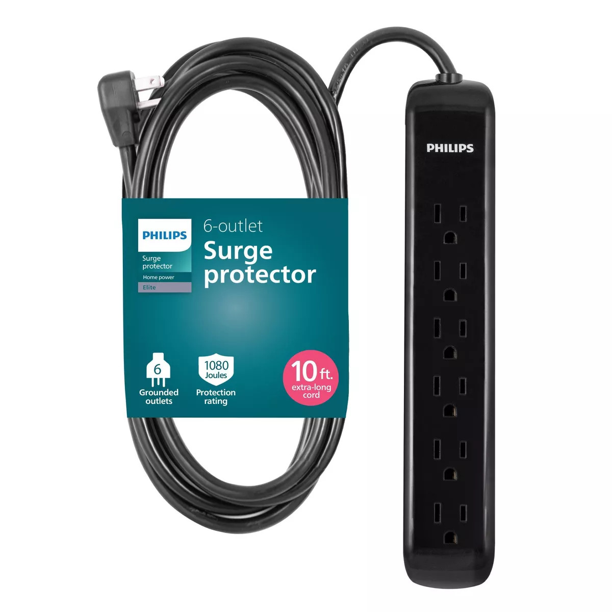 Philips 6-Outlet Surge Protector 1080J 10′ Cord – Black