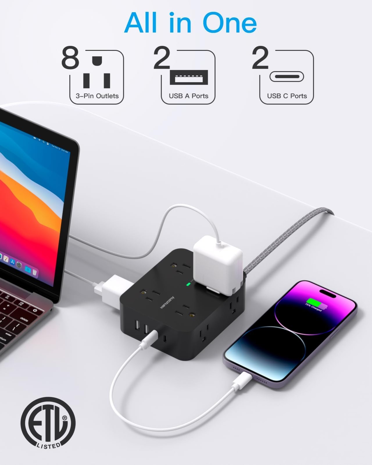 Surge Protector Power Strip 1080J, 8 Outlets & 4 USB Ports, Flat Plug, 5 Ft Cord