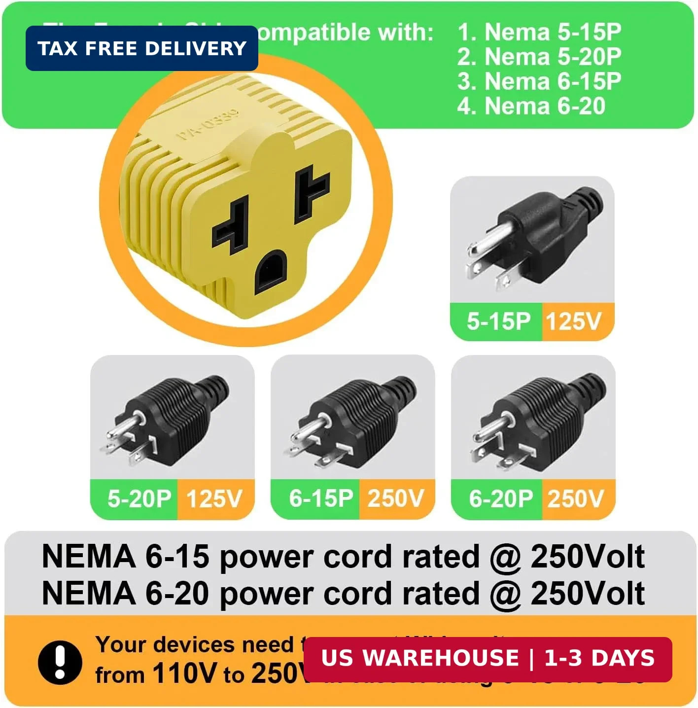 [4-in-1] 15 Amp Household AC Plug to 20 Amp T Blade Adapter,5-15P to 5-20R,5-15P