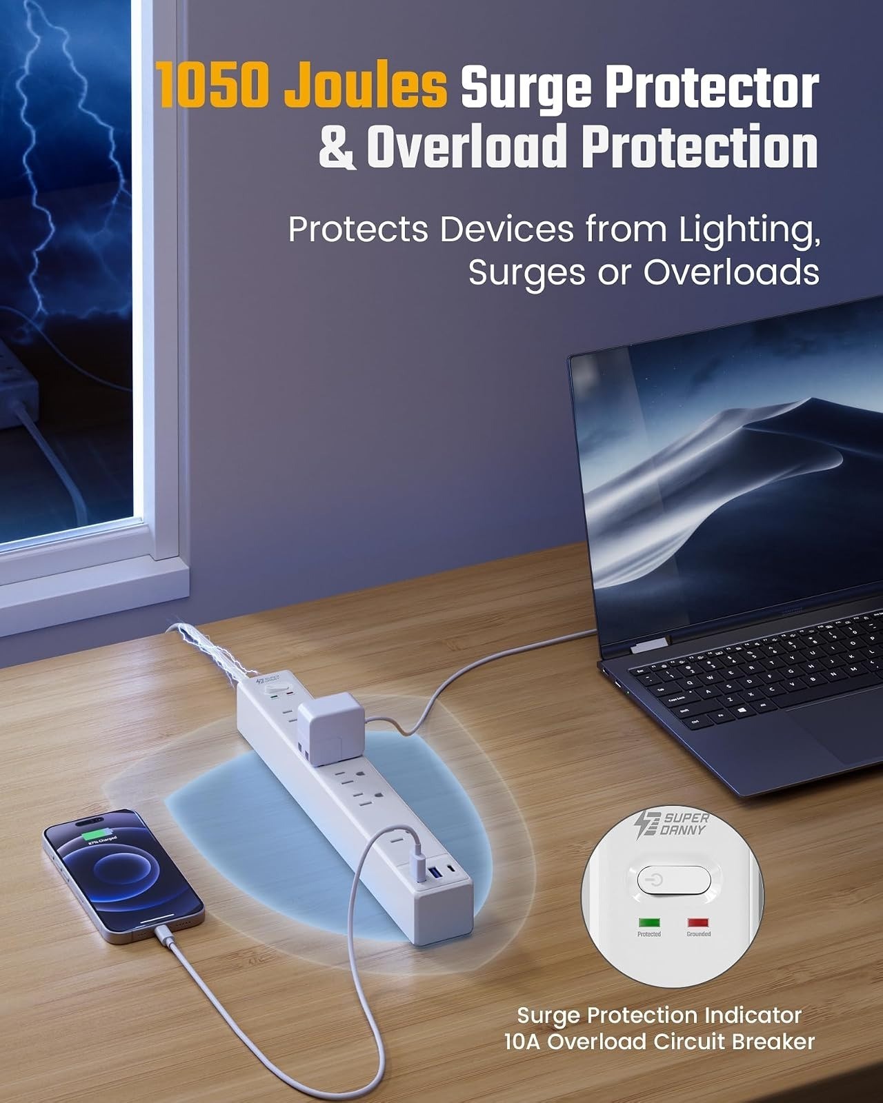 SUPERDANNY 10Ft Surge Protector Power Strip with 6 Outlets & 3 USB Ports